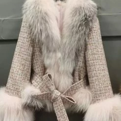 Jessica Bara Shaliyah Fur And Tweed Belted Coat