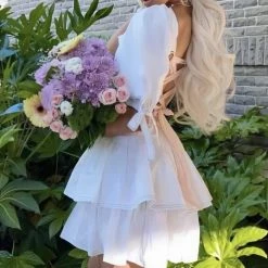 Jessica Bara Julian Lace Up Back Ruffle Mini Dress