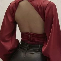 Jessica Bara Faye Long Sleeve Satin Backless Bodysuit Tops