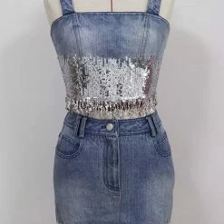 Jessica Bara Raquel Sequin Denim Two Piece Set