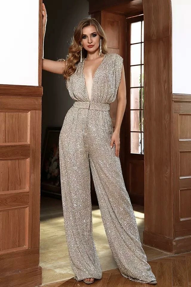 Jessica Bara Betty Sleeveless Deep V Sequin Jumpsuit