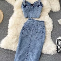 Jessica Bara Zayden Denim Crop Top And Skirt Two Piece Set