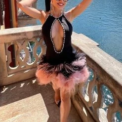 Influencer Style Jessica Bara Aidan Sleeveless Pearl Feather Mini Dress