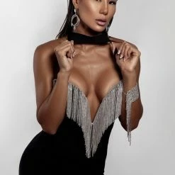 Jessica Bara Sofia Choker Rhinestone Fringe Jumpsuit