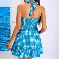 Jessica Bara Sailor Halter Neck Gingham Mini Dress Dresses