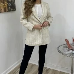Influencer Style Jessica Bara Amara Tweed Double Breasted Gold Button Blazer Dress