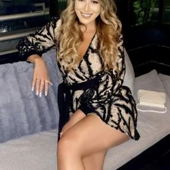 Jessica Bara Madyson Long Sleeve Glitter Belted Mini Dress