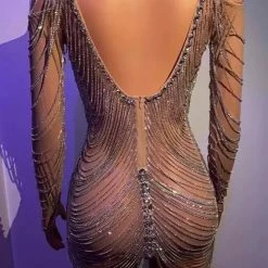 Jessica Bara Amra Rhinestone Chain Long Sleeve Mini Dress Birthday Suit