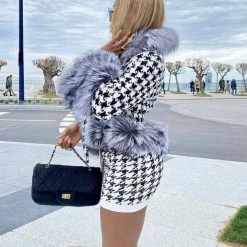 Jessica Bara Brody Houndstooth Fur Belted Jacket Influencer Style