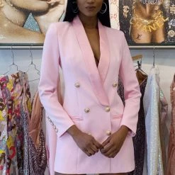 Jessica Bara Blakely Double Breasted Gold Button Blazer Dress