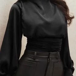 Jessica Bara Faye Long Sleeve Satin Backless Bodysuit Tops