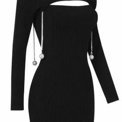 Jessica Bara Wynter Long Sleeve Tassel Ball Chain Dress
