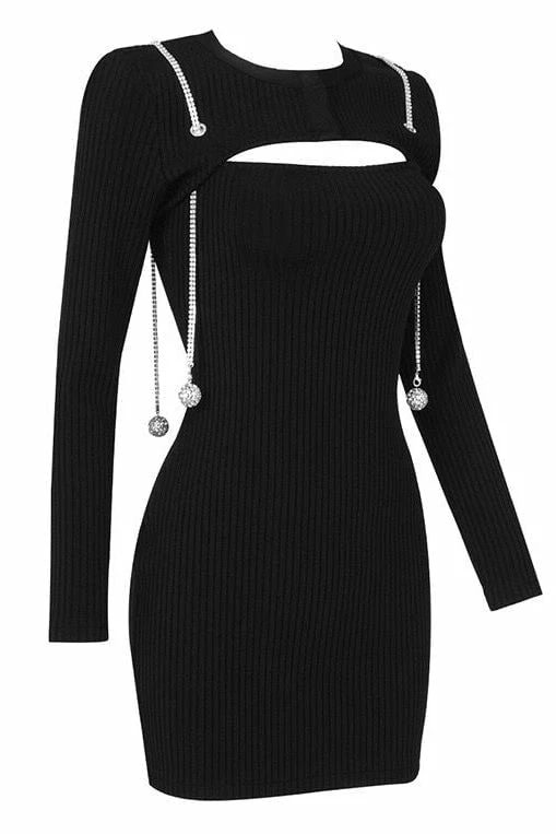 Jessica Bara Wynter Long Sleeve Tassel Ball Chain Dress