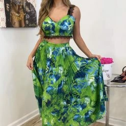 Jessica Bara Melina Crop Top And Pleated Maxi Skirt Two Piece Set