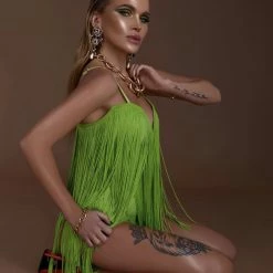 Jessica Bara Frida Fringe Lime Mini Dress