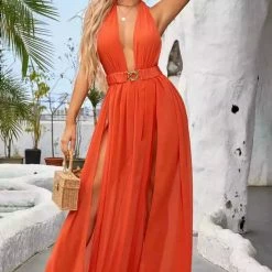 Jessica Bara Wallace Halter Neck Split Leg Maxi Dress