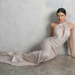 Nicole Bakti High Neck Glitter Backless Gown The Event Shop
