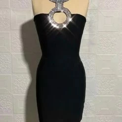 Jessica Bara Deirdre Bandage Crystal Halter Mini Dress Dresses