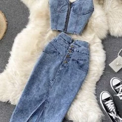 Jessica Bara Zayden Denim Crop Top And Skirt Two Piece Set