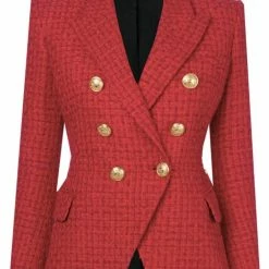 Jessica Bara Donatella Red Gold Button Wool Blazer
