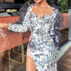 Influencer Style Jessica Bara Azariah Long Feather Sleeve Sequin Gown