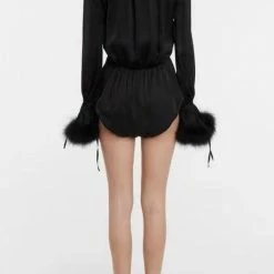 Jessica Bara Priscilla Bowknot Feather Sleeve Mini Romper Long Sleeves