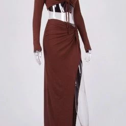 Jessica Bara Clarise Ruched Long Sleeve Crop Top And Skirt Two Piece Set