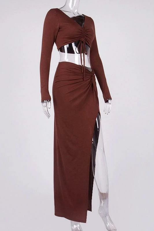 Jessica Bara Clarise Ruched Long Sleeve Crop Top And Skirt Two Piece Set