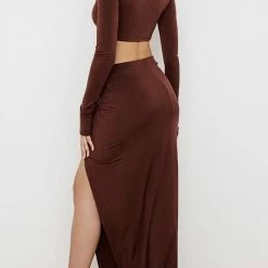 Jessica Bara Clarise Ruched Long Sleeve Crop Top And Skirt Two Piece Set