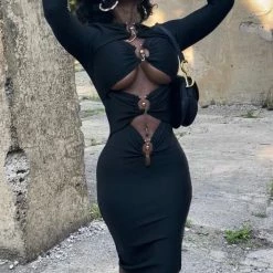 Jessica Bara Kazzie Long Sleeve Cut Out Midi Dress