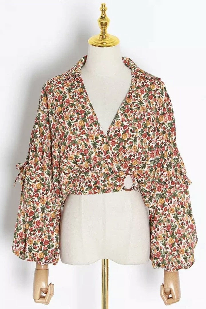 Jessica Bara Nori Long Sleeve V Neck Collared Crop Top