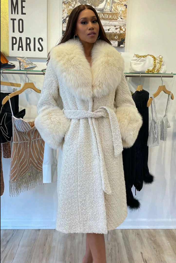 Jessica Bara Dierdra Fur And Wool Belted Long Coat Influencer Style