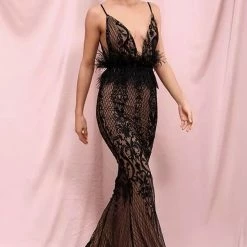 Jessica Bara Chichi V Neck Feather Belt Bodycon Gown Influencer Style