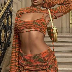 Jessica Bara Hana Knit Crop Top And Skirt Three Piece Set