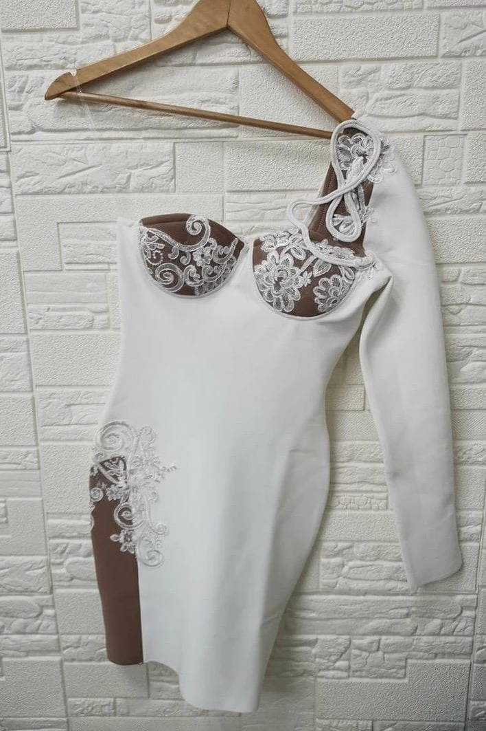 Jessica Bara Genovia One Shoulder Lace Bandage Dress Birthday Suit