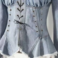 Jessica Bara Edith Fitted Denim Lace Up Top