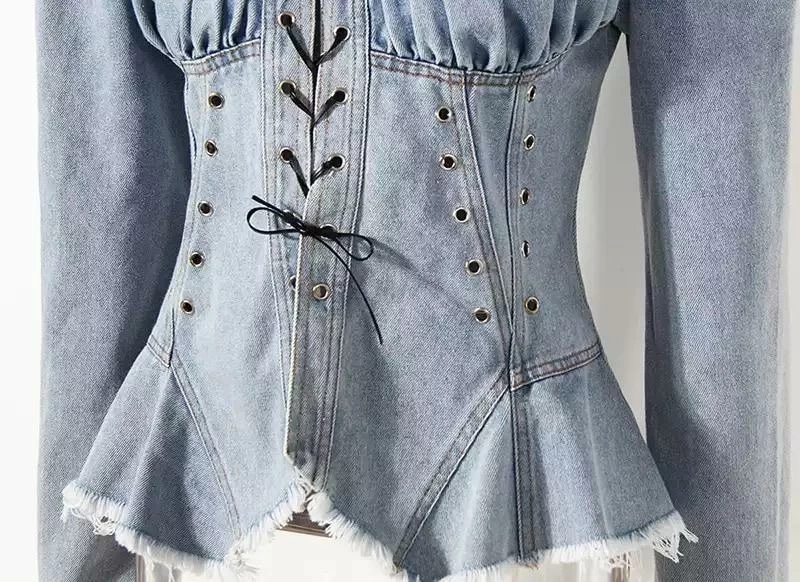 Jessica Bara Edith Fitted Denim Lace Up Top