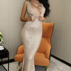 Jessica Bara Sofia V Neck Chain Bodycon Gown