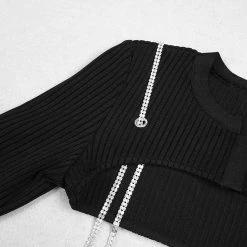 Jessica Bara Wynter Long Sleeve Tassel Ball Chain Dress