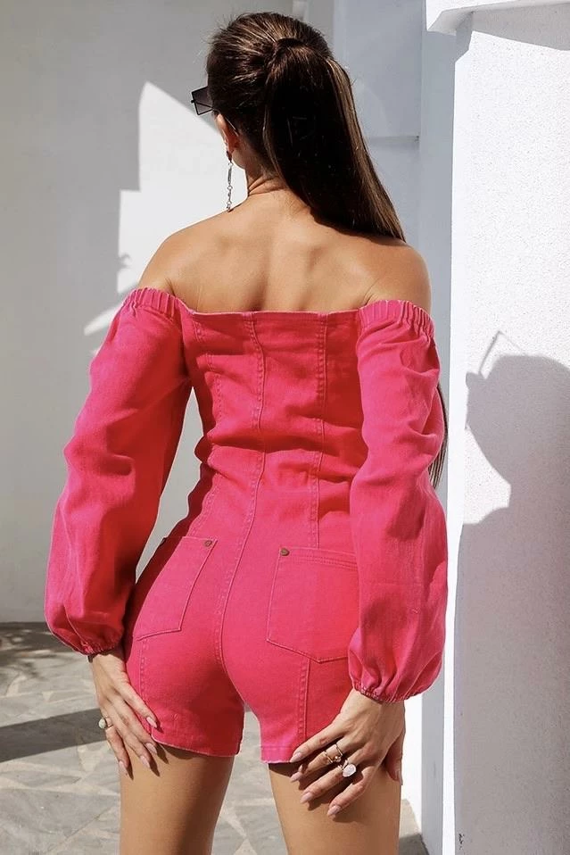 The Denim Destination Jessica Bara Barbie Off The Shoulder Denim Romper