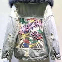 Jessica Bara Washington DC Graphic Denim And Fur Jacket