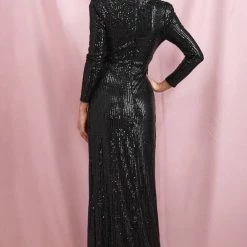 Jessica Bara Dulce Long Sleeve Draped Sequin Gown