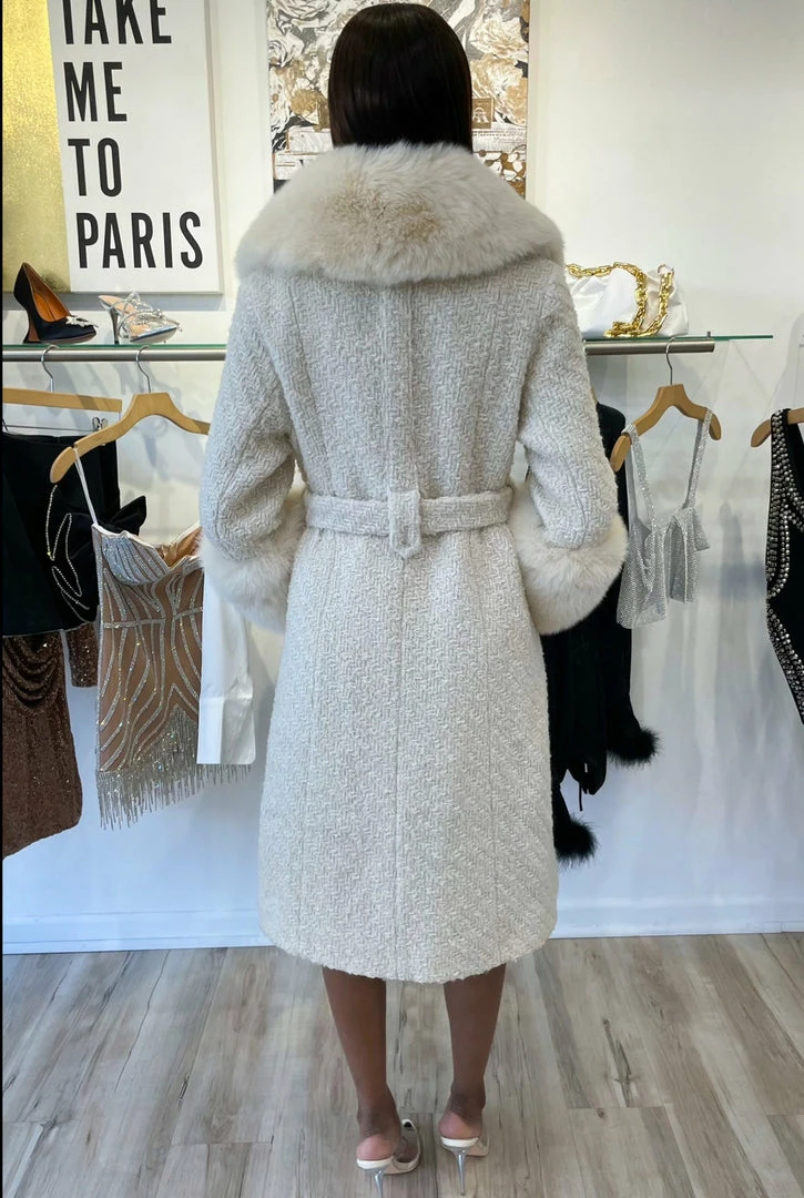 Jessica Bara Dierdra Fur And Wool Belted Long Coat Influencer Style