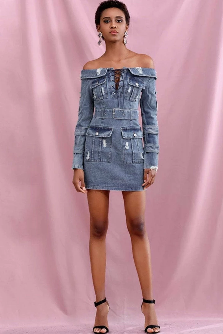 Jessica Bara Raissa Off The Shoulder Denim Mini Dress Influencer Style