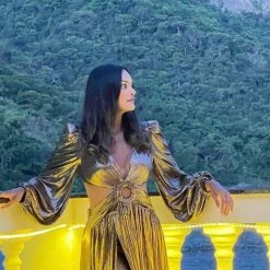 Jessica Bara Cruz Long Sleeve Cut Out Double Leg Slit Gown