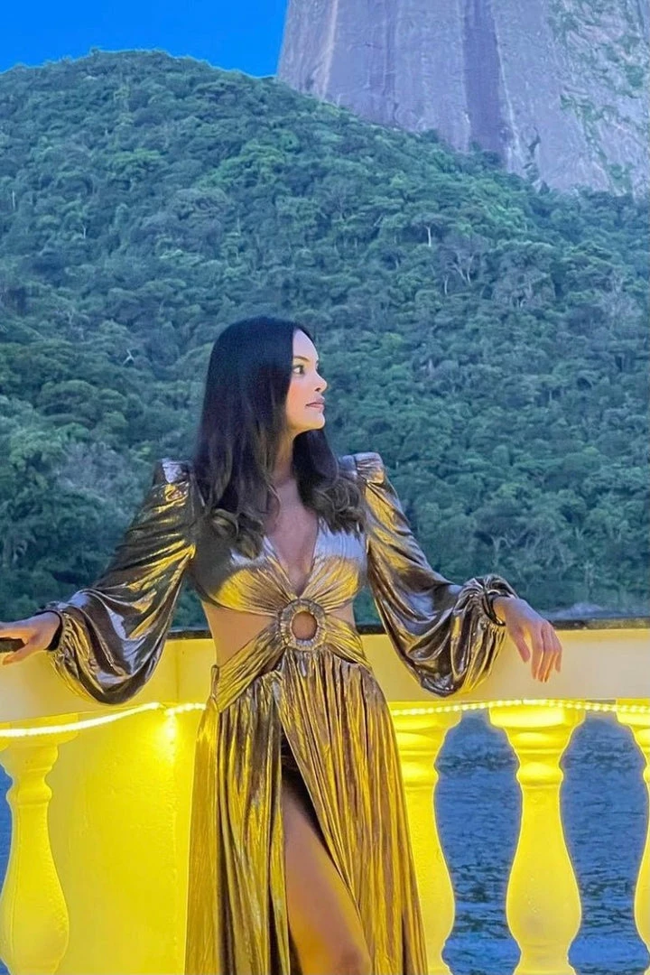 Jessica Bara Cruz Long Sleeve Cut Out Double Leg Slit Gown