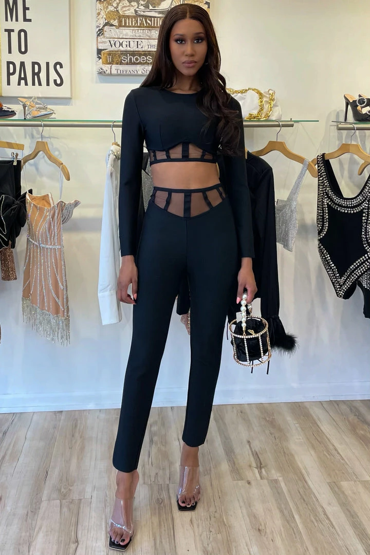 Jessica Bara Tatiana Mesh Long Sleeve Top And Pant Two Piece Set Birthday Suit