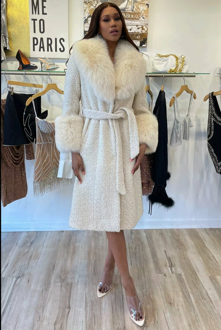Jessica Bara Dierdra Fur And Wool Belted Long Coat Influencer Style