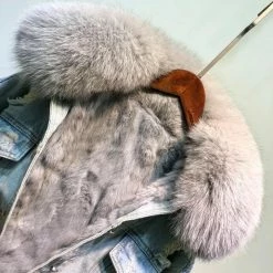 Jessica Bara Washington DC Graphic Denim And Fur Jacket