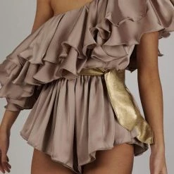 Jessica Bara Pixel One Shoulder Ruffle Romper Influencer Style